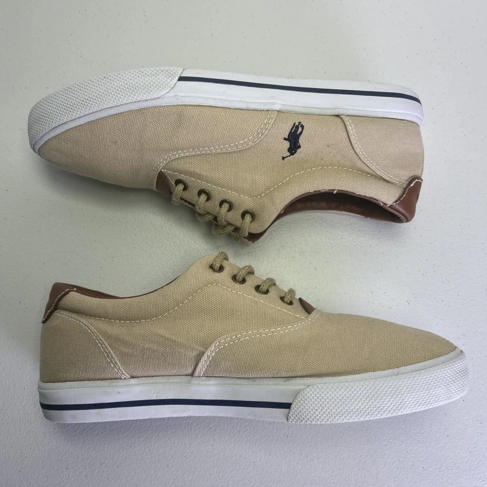 Polo Ralph Lauren Vaughn Low Top Canvas Shoes Size 6.5 Beige Tan Leather Trim